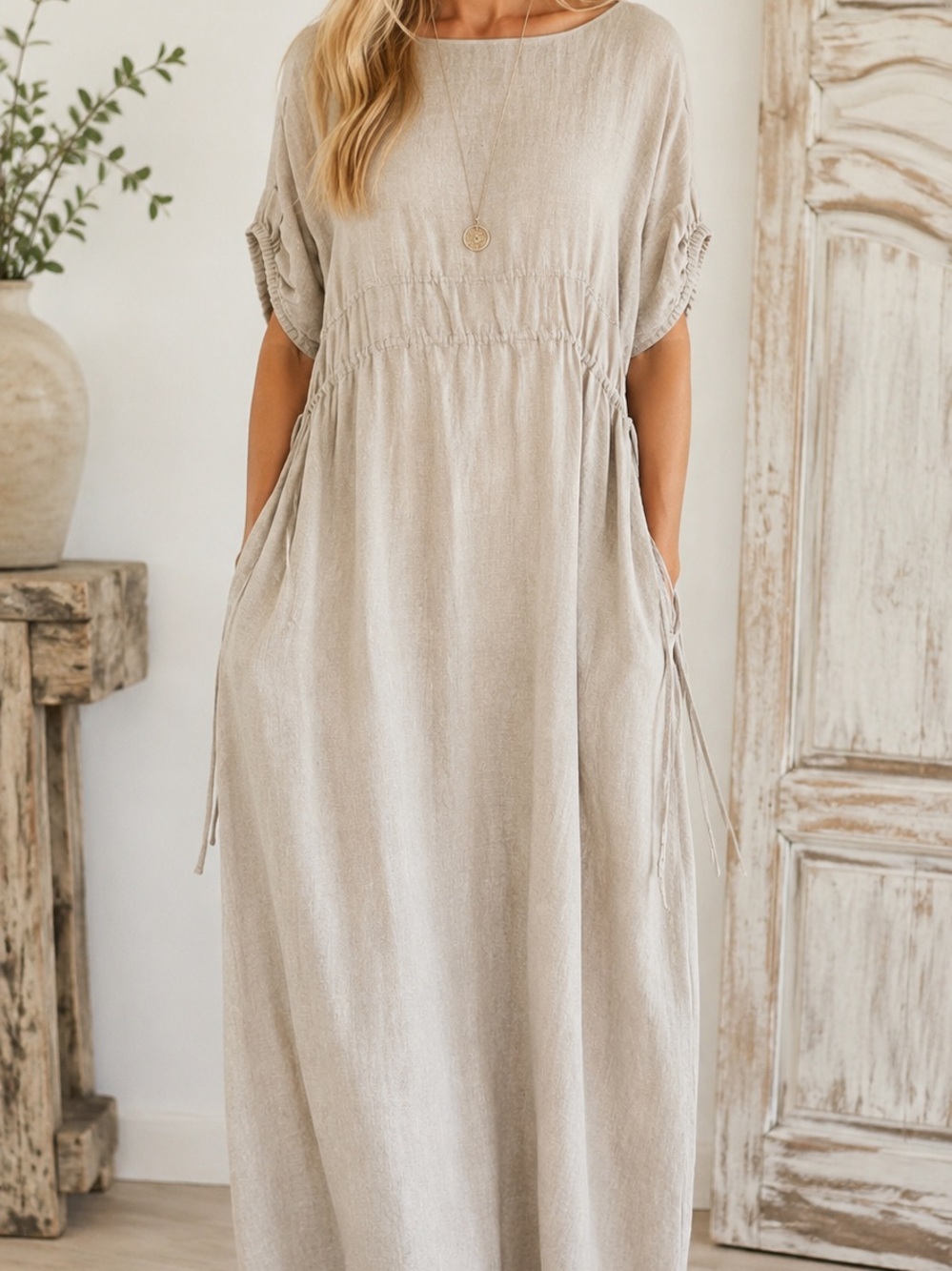 LILLY PILLY Linen Maxi Dress M Oatmeal Ruched Drawstring Lagenlook